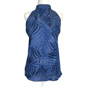 Cato Tropical Leaf Tencel Eco-Friendly Halter High Neck Top Denim Blue XS NWT